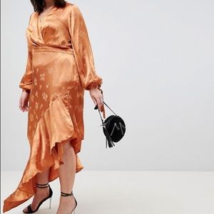 Midi asymmetrical satin orange dress
